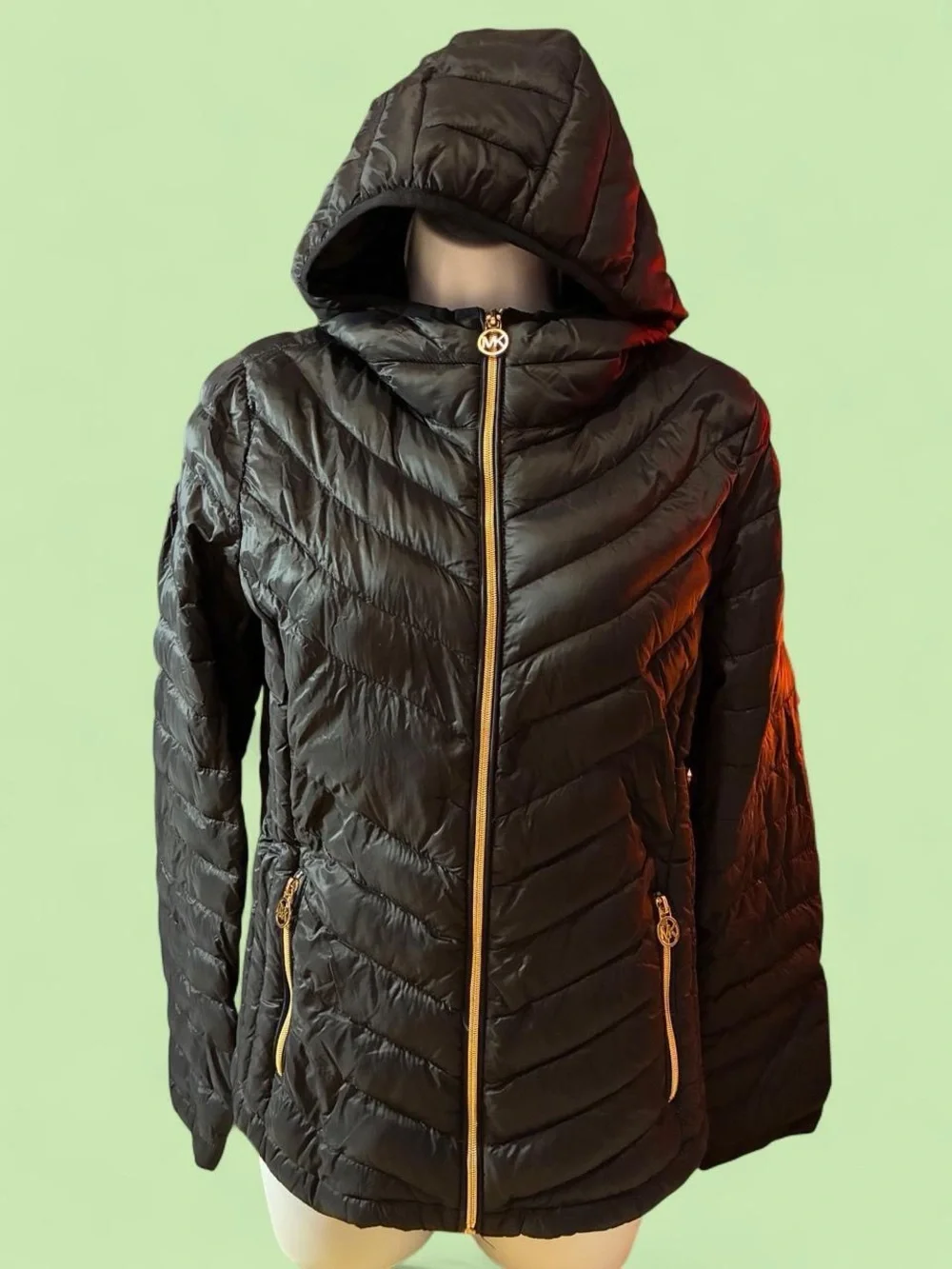 Michael Kors Black Quilted Hooded Puffer with Gold Hardware